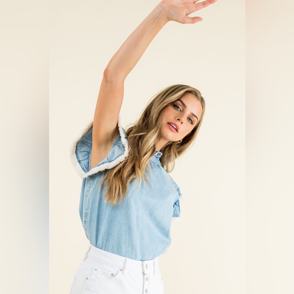 thml light denim flutter sleeve top SRT1419 DB - Picture 4 of 10